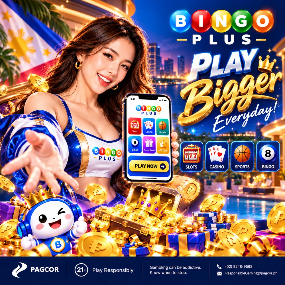 BingoPlus — Play Bigger Everyday: the BingoPlus app showing Slots, Casino, Sports, Bingo, Promotions and VIP Club, with the BP mascot