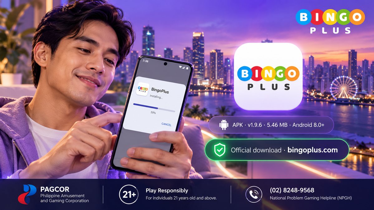 Android phone installing BingoPlus v1.9.6 APK with the official download badge bingoplus.com