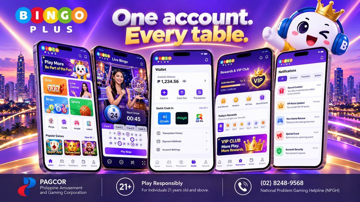 Five BingoPlus app screens fanned out: Home, Live Bingo, Wallet, Rewards & VIP Club, Notifications