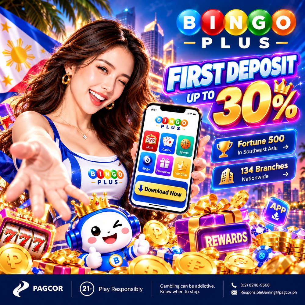 BingoPlus app on a phone showing Slots, Casino, Sports, Bingo, Promotions and VIP Club, with the First Deposit up to 30% promotion