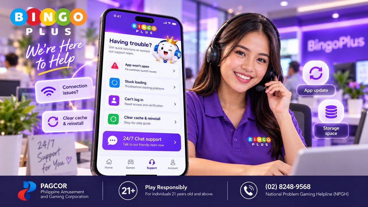 BingoPlus app support screen with options App won't open, Stuck loading, Can't log in, Clear cache & reinstall, 24/7 chat support, and a smiling support agent with headset