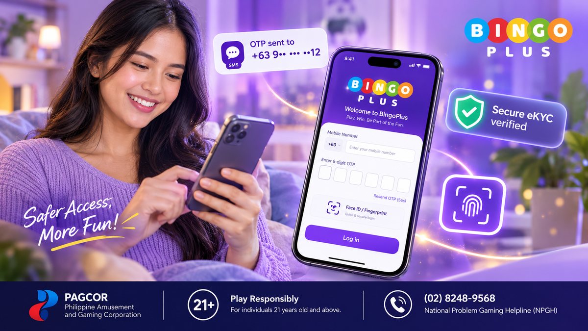 BingoPlus app login screen with mobile number, six-digit OTP boxes and Face ID or fingerprint option
