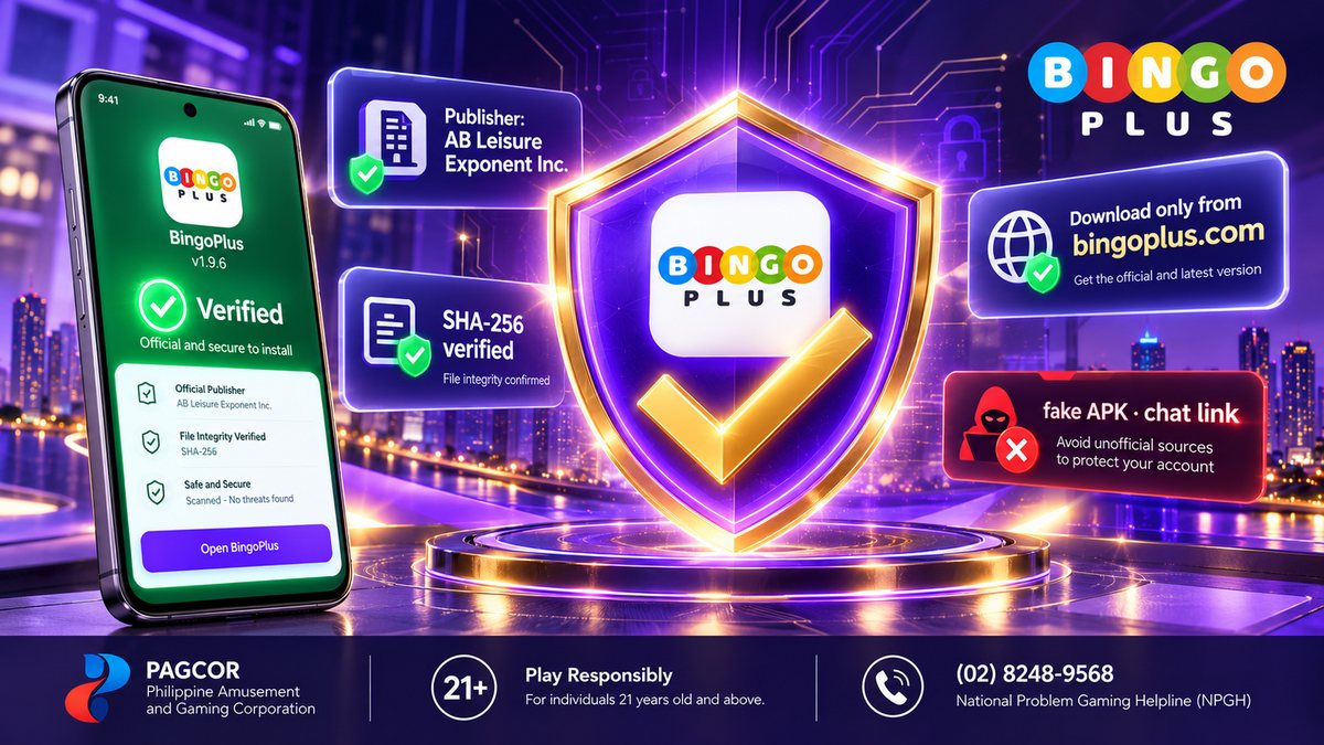 Glowing shield with the BingoPlus app icon and cards reading Publisher AB Leisure Exponent Inc., SHA-256 verified, Download only from bingoplus.com, and a crossed-out fake APK chat link