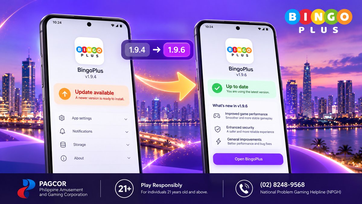 Two Android phones: v1.9.4 showing Update available, v1.9.6 showing Up to date with what is new