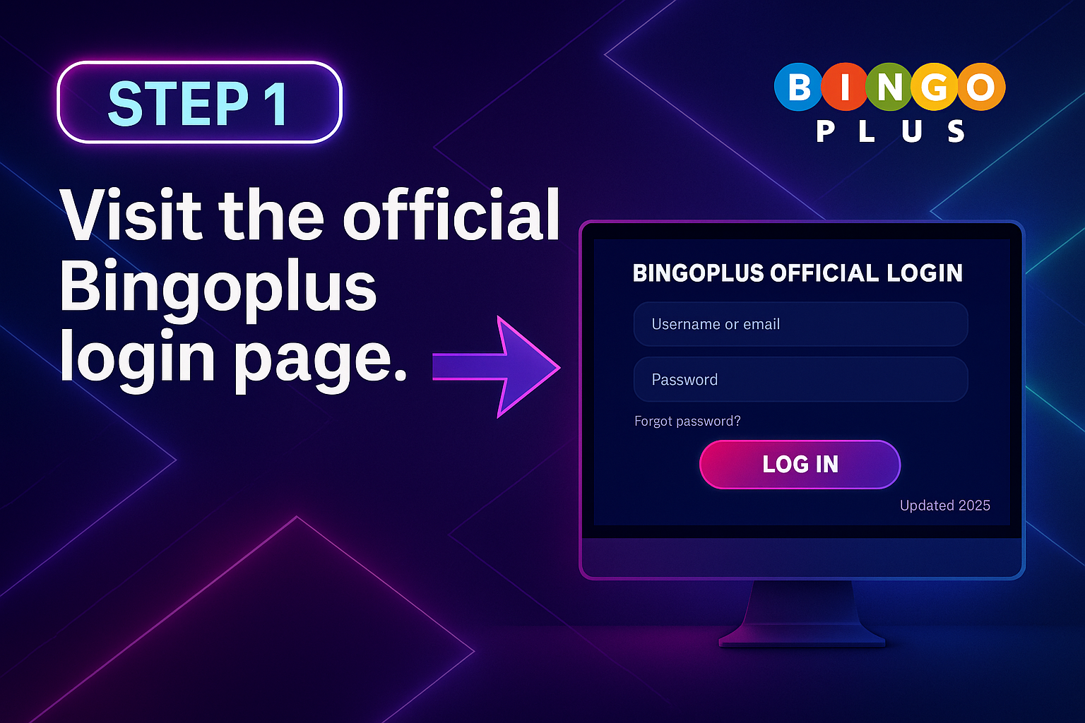 Step 1 illustration showing how to visit the official bingoplus login page