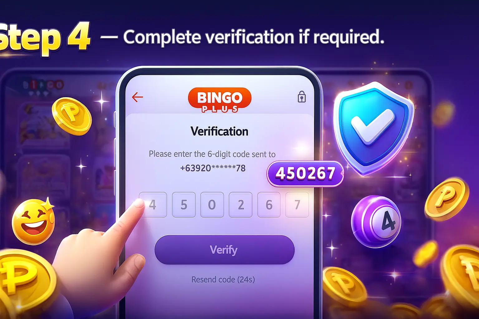Step 4 illustration showing completing verification to continue the bingoplus login process