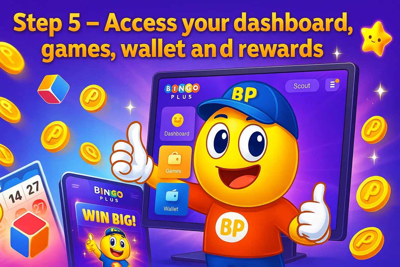 Step 5 illustration showing accessing dashboard, games, wallet and rewards after completing the bingoplus login process