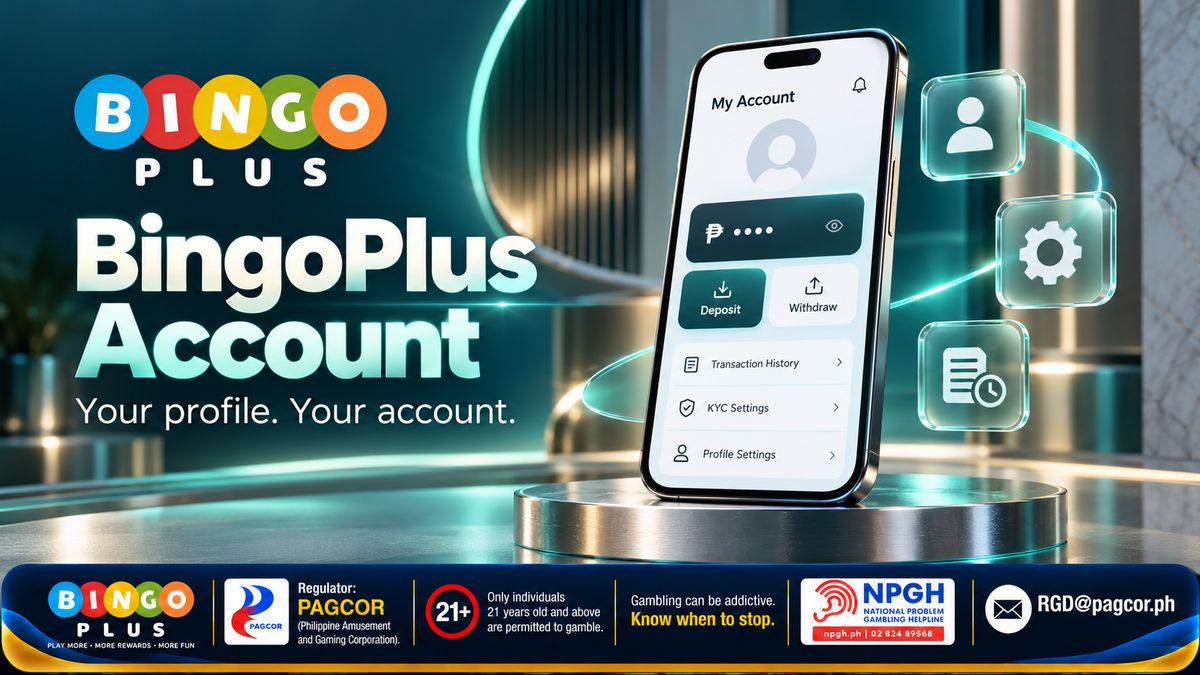 BingoPlus Account — Your profile. Your account.: a phone on a chrome pedestal showing My Account with a masked peso balance, Deposit and Withdraw buttons, Transaction History, KYC Settings and Profile Settings, beside glass icons for profile, settings and history, with the 21+ PAGCOR and NPGH responsible-gaming bar
