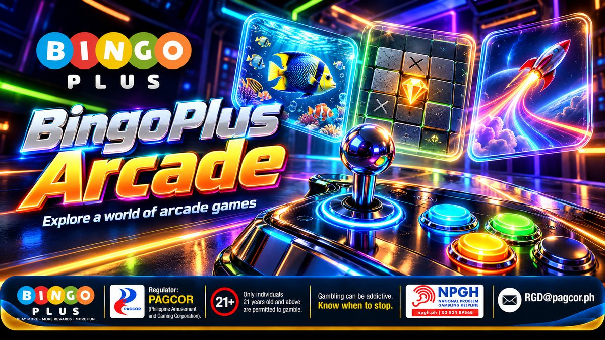 BingoPlus Arcade — Explore a world of arcade games: a chrome joystick with blue, green, orange and red buttons in front of three neon panels showing a tropical fish, a mines grid with a glowing gem and a rocket crash curve, with the 21+ PAGCOR and NPGH responsible-gaming bar