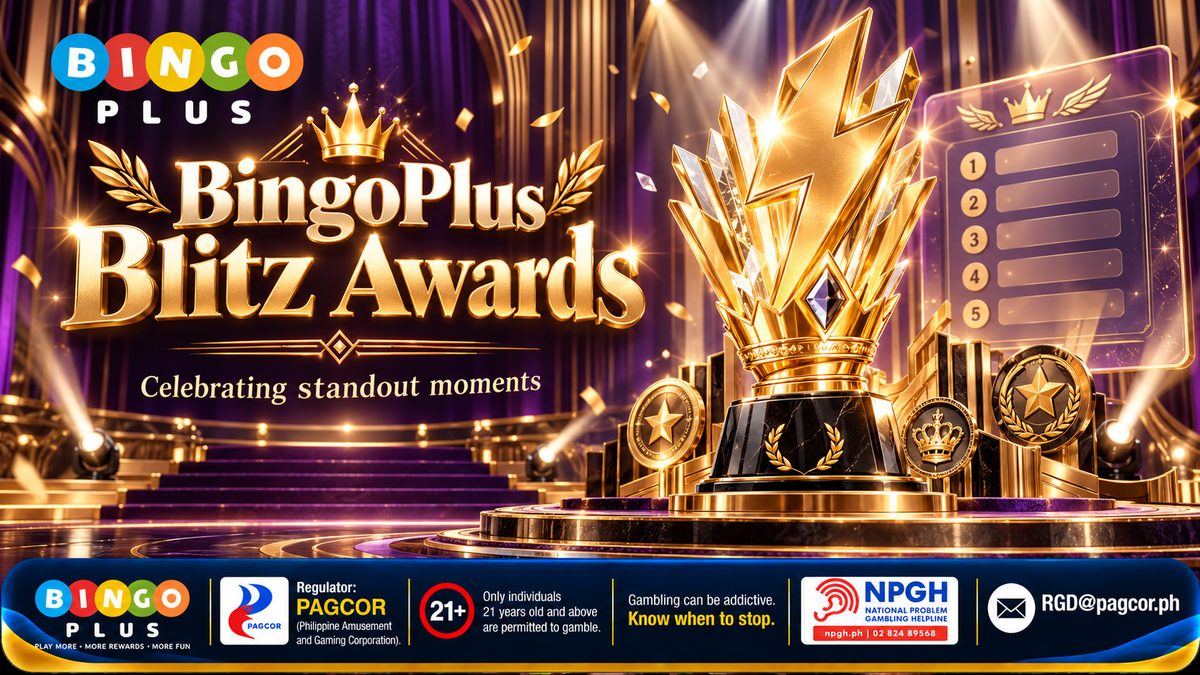 BingoPlus Blitz Awards — Celebrating standout moments: a gold lightning-bolt trophy with crystal shards on a black marble pedestal, gold medallions with stars and a crown, spotlights on a purple-curtained stage and a ranked 1-to-5 board, plus the 21+ PAGCOR and NPGH responsible-gaming bar
