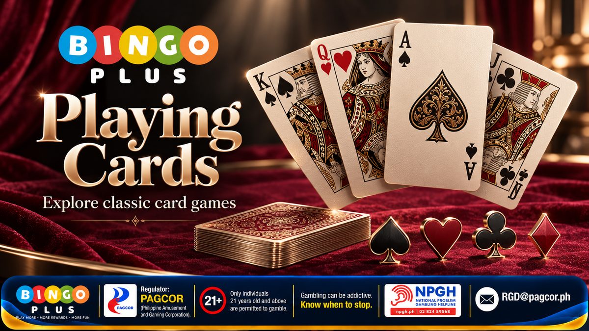 BingoPlus Playing Cards — Explore classic card games: a fan of king of spades, queen of hearts, ace of spades and jack of clubs beside a gilded deck and the four suit symbols on red velvet; PAGCOR, 21+ and NPGH notices below