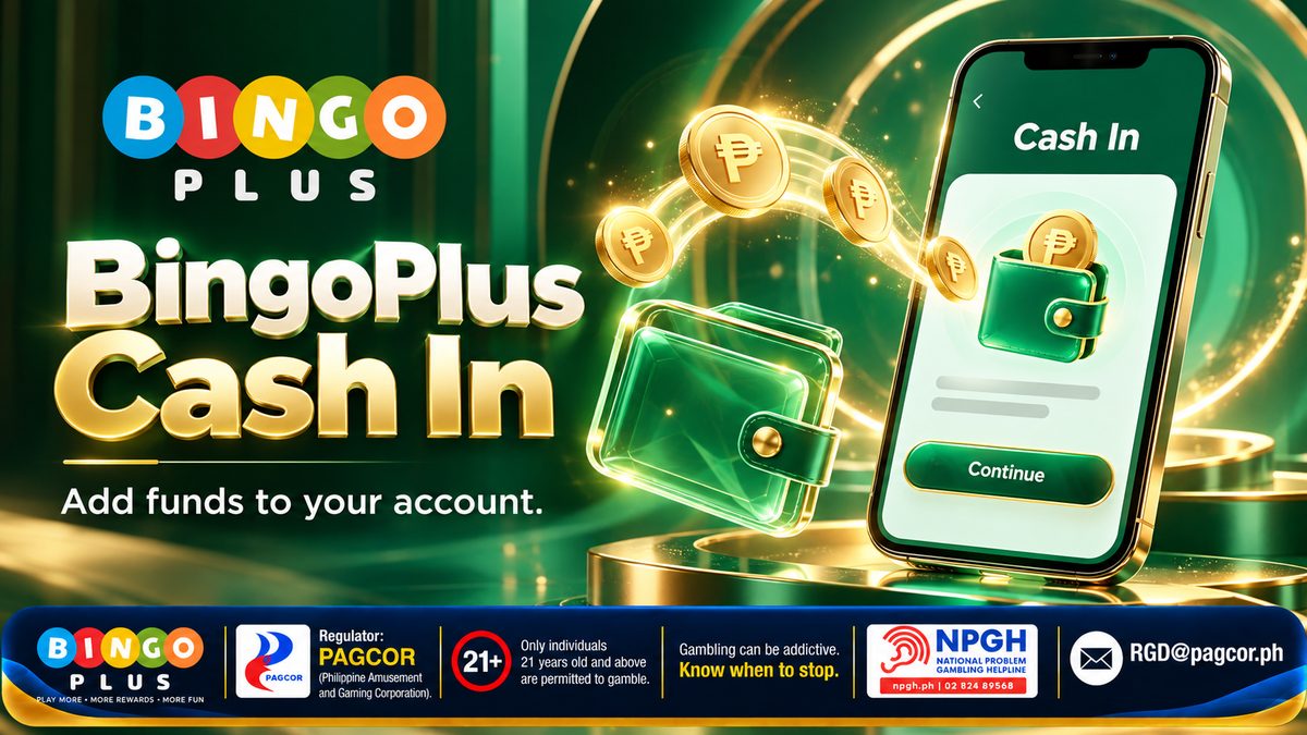 BingoPlus Cash In — add funds to your account: gold peso coins flowing from a green wallet into the Cash In screen of a phone