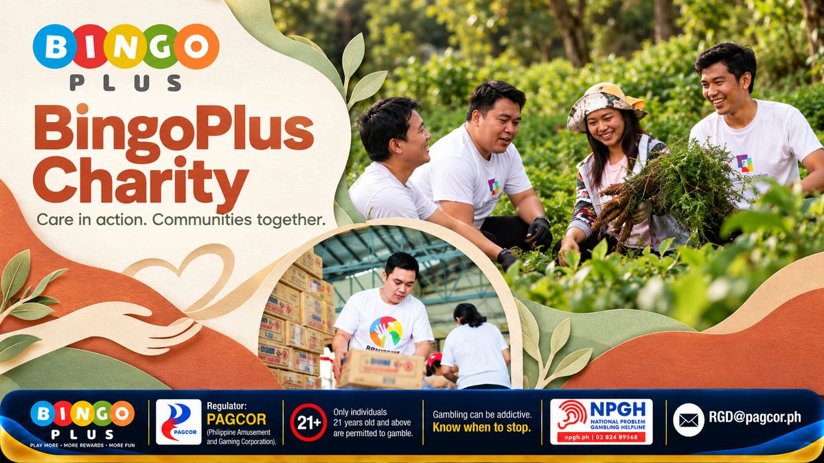 BingoPlus Charity — Care in action. Communities together.: volunteers in white foundation shirts harvesting vegetables with farmers, a volunteer carrying relief boxes in a warehouse, paper-cut leaves and a heart-in-hand motif, with the 21+ PAGCOR and NPGH responsible-gaming bar