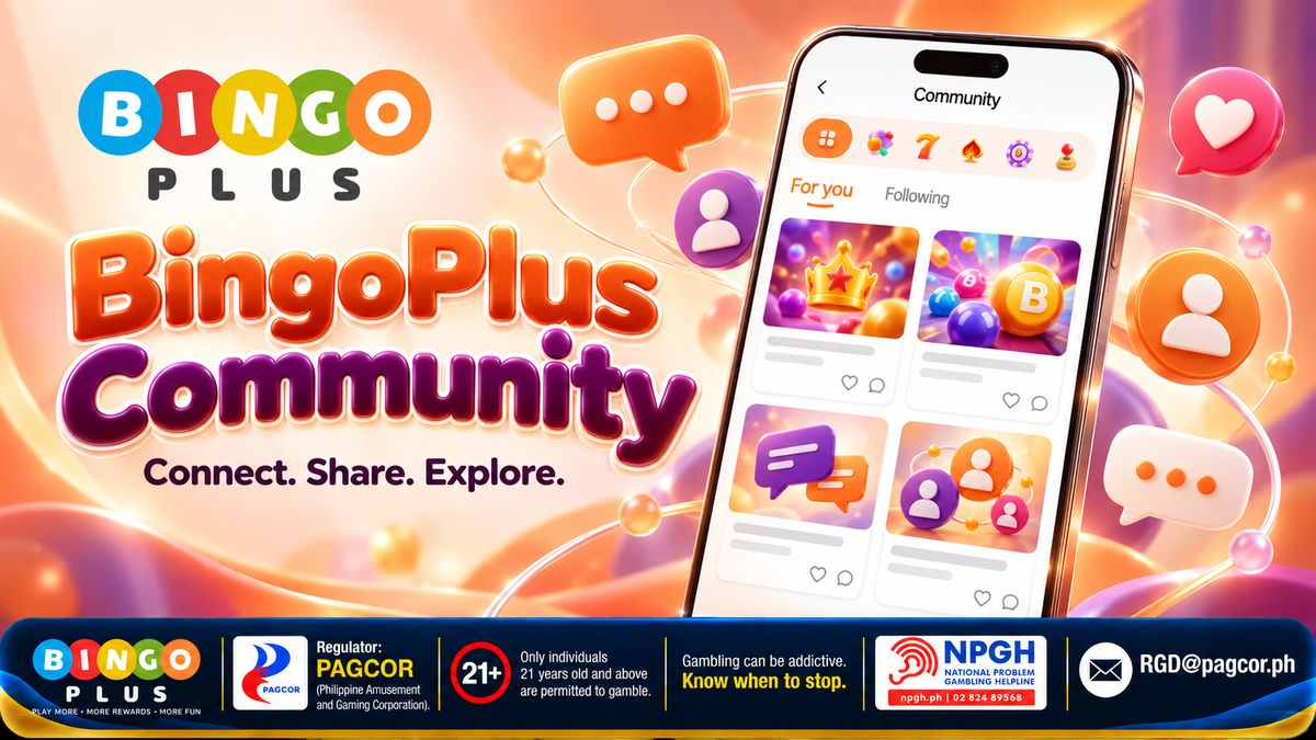 BingoPlus Community — Connect. Share. Explore.: a phone showing the Community feed with For you and Following tabs and game-category chips, surrounded by 3D chat bubbles, hearts and player avatars on a peach and purple background, with the 21+ PAGCOR and NPGH responsible-gaming bar