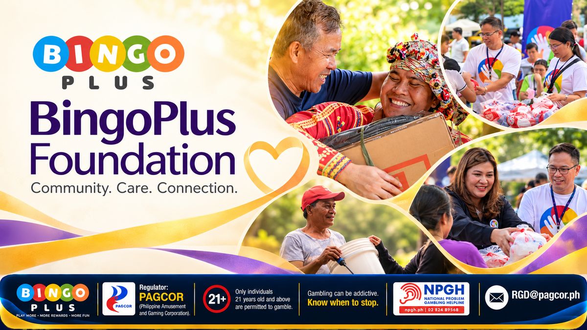 BingoPlus Foundation — Community. Care. Connection.: volunteers in white shirts handing relief packs to families, an elder embracing a woman in traditional dress holding a donated box, a man carrying a water container, and the 21+ PAGCOR and NPGH responsible-gaming bar