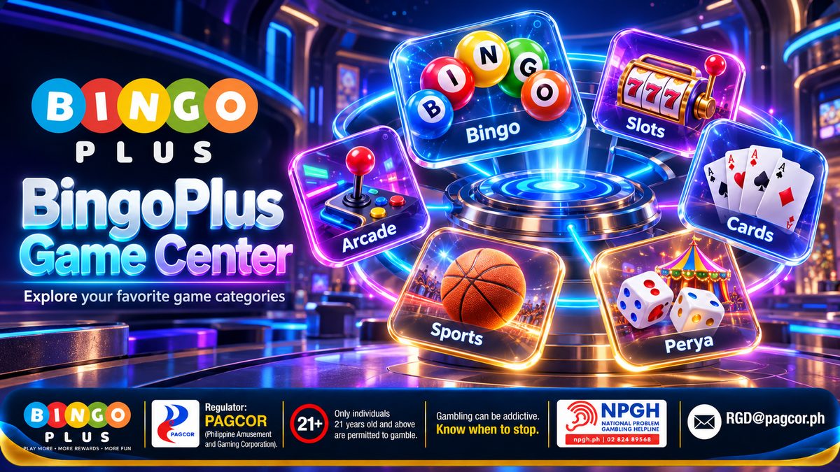 BingoPlus Game Center — explore your favorite game categories: glowing Bingo, Slots, Arcade, Cards, Sports and Perya tiles around a neon stage