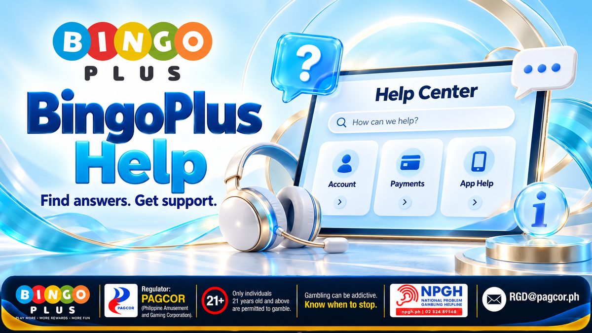 BingoPlus Help — find answers, get support: a Help Center screen with Account, Payments and App Help tiles beside a white headset