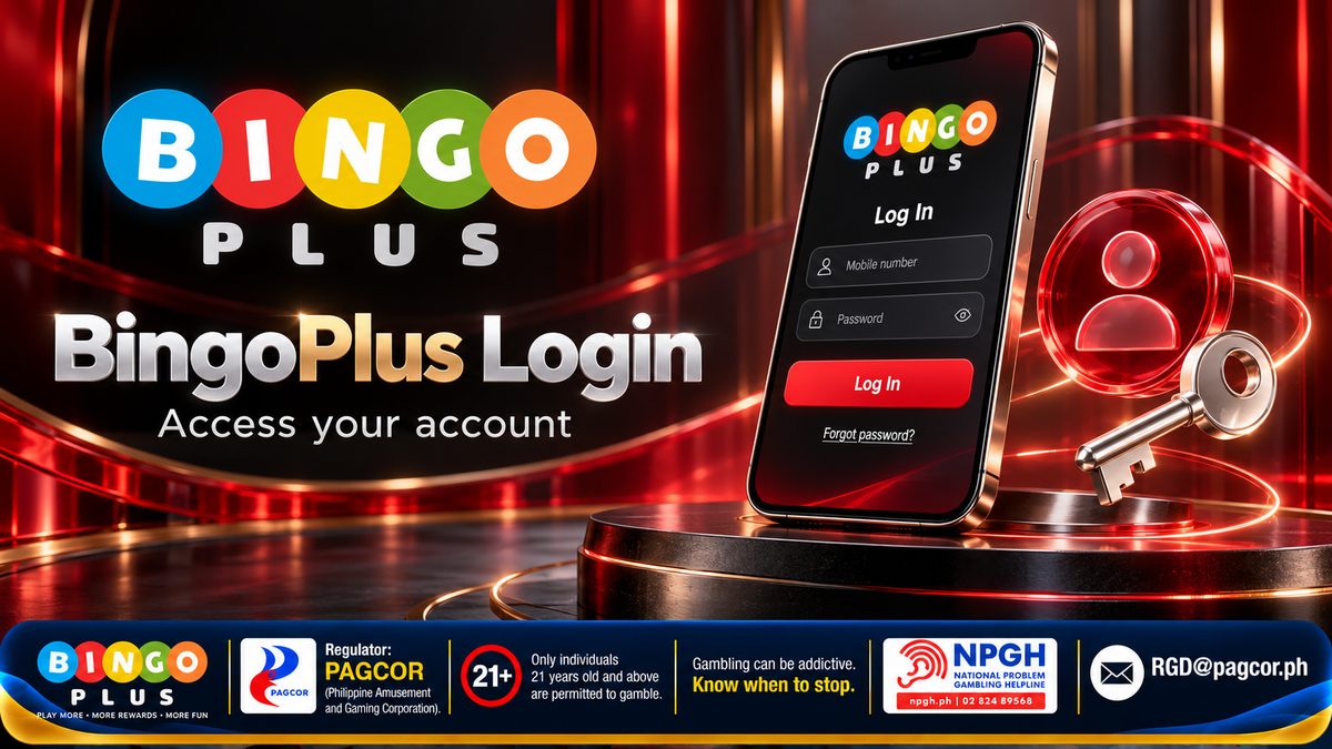 BingoPlus Login — Access your account: a phone showing the BingoPlus Log In screen with mobile number and password fields, a Log In button and Forgot password link, beside a key on a red stage; PAGCOR, 21+ and NPGH notices below