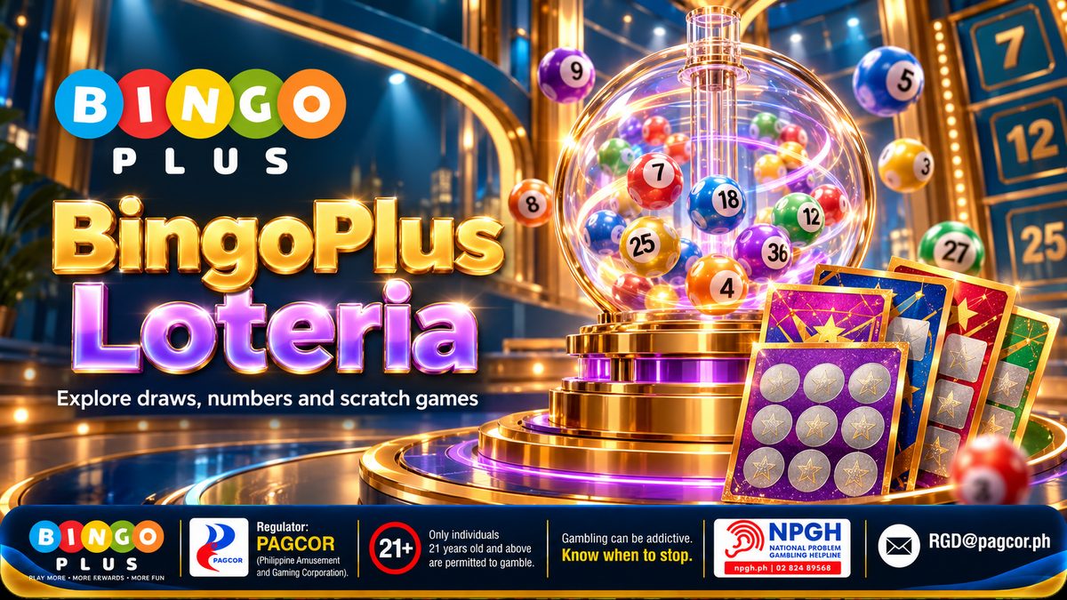 BingoPlus Loteria — Explore draws, numbers and scratch games: a glass lottery drum full of numbered balls spinning on a gold-and-violet stage, with gold-framed star scratch cards and a number board, plus the 21+ PAGCOR and NPGH responsible-gaming bar