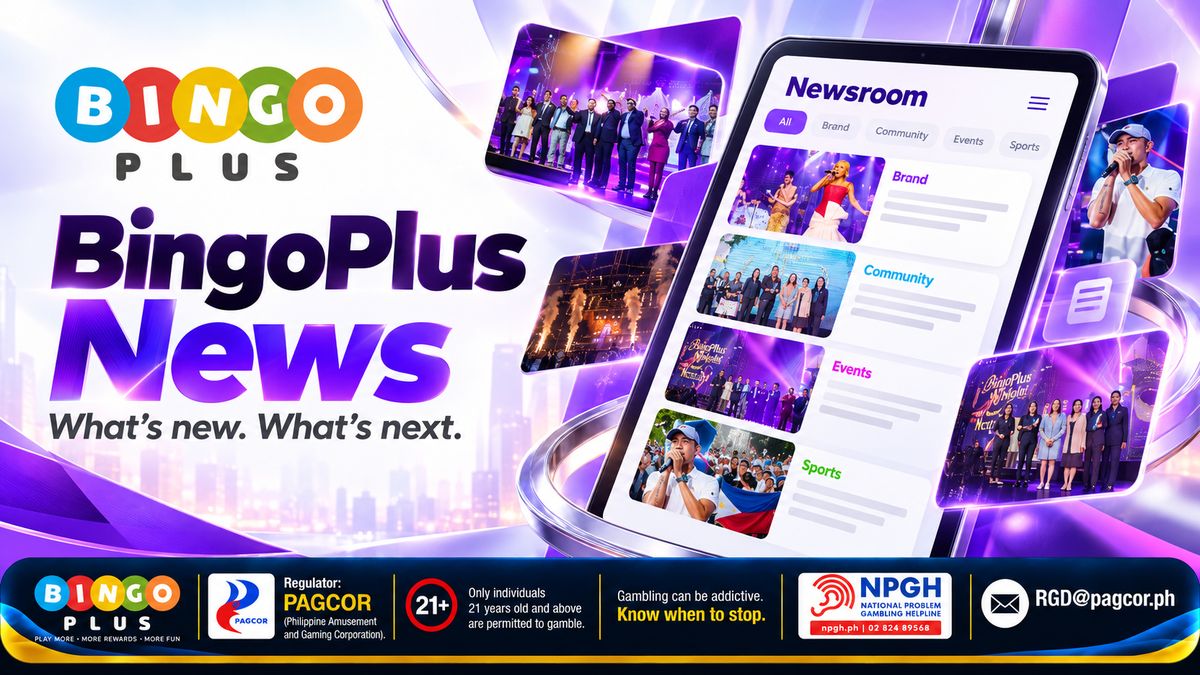 BingoPlus News — What's new. What's next.: a tablet showing a Newsroom feed with Brand, Community, Events and Sports cards, surrounded by floating photos of concert stages and award ceremonies on a purple backdrop, with the 21+ PAGCOR and NPGH responsible-gaming bar