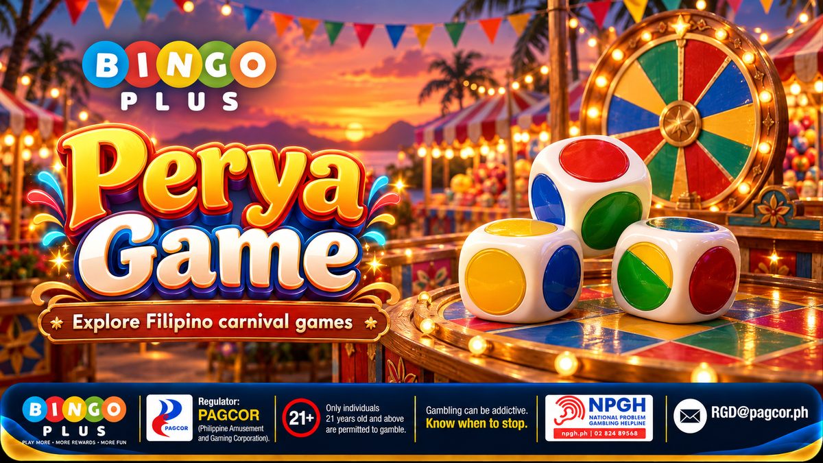 BingoPlus Perya Game — Explore Filipino carnival games: three color-game dice on a perya table beside a prize wheel, with bunting and string lights at sunset; PAGCOR, 21+ and NPGH notices below