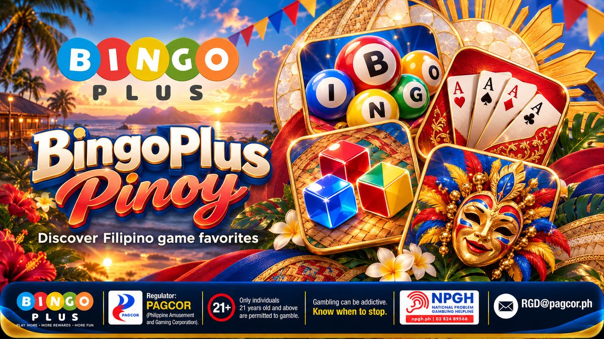 BingoPlus Pinoy — Discover Filipino game favorites: bingo balls, four aces, colored dice and a golden festival mask on woven banig frames over a Philippine sunset beach with fiesta banderitas, with the 21+ PAGCOR and NPGH responsible-gaming bar