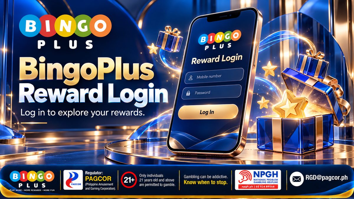BingoPlus Reward Login — log in to explore your rewards: a phone showing the Reward Login screen with gold stars and blue gift boxes