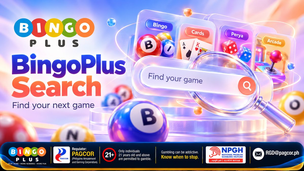 BingoPlus Search — Find your next game: a frosted-glass Find your game search bar and a magnifying glass in front of Bingo, Cards, Perya and Arcade category cards with bingo balls, playing cards, dice and a joystick, plus the 21+ PAGCOR and NPGH responsible-gaming bar