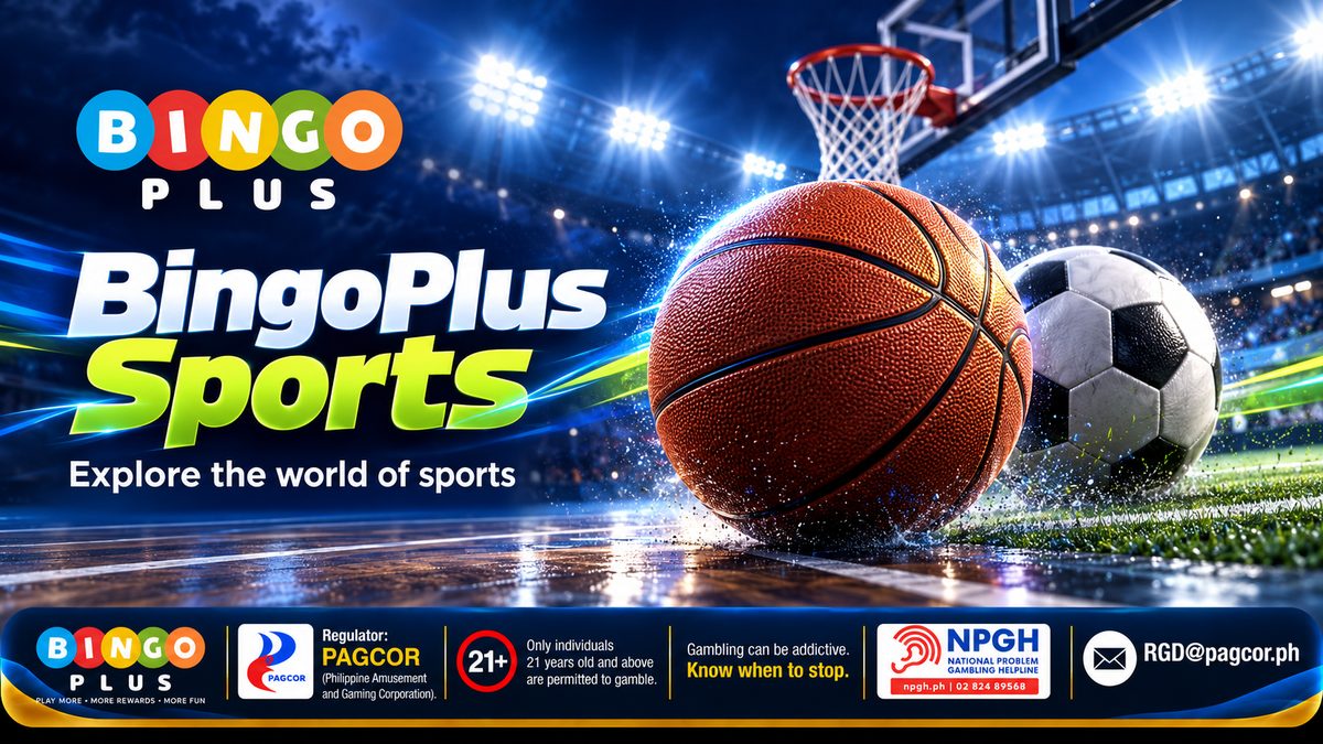 BingoPlus Sports — Explore the world of sports: a basketball and a football on a wet floodlit court beneath a hoop, with a packed stadium behind and the 21+ PAGCOR and NPGH responsible-gaming bar