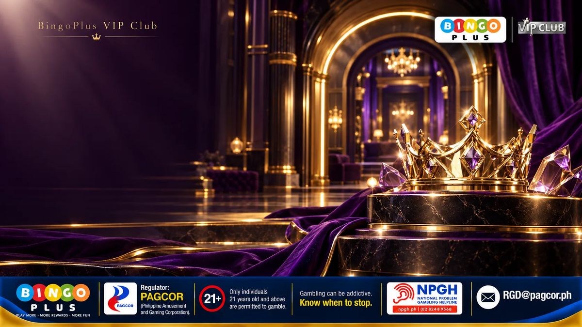 BingoPlus VIP Club — Explore your membership benefits: a black and gold VIP CLUB card standing on a marble pedestal beside a golden crown in a dim luxury lounge, with the 21+ PAGCOR and NPGH responsible-gaming bar