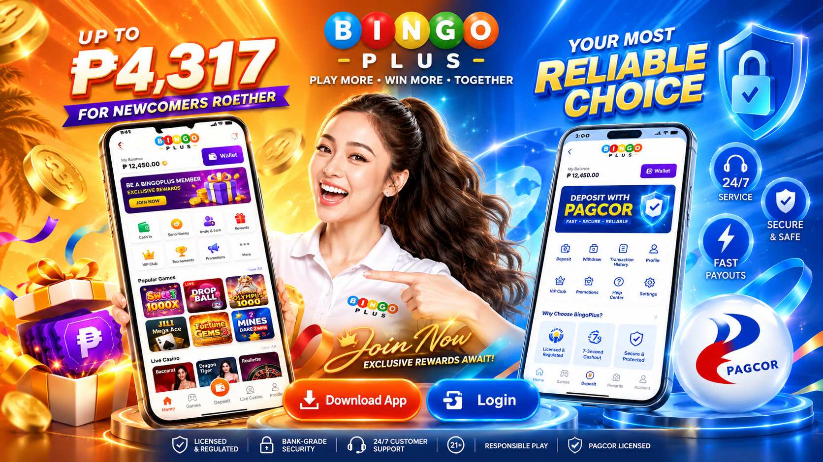 BingoPlus App Download banner — Android APK and iOS for the Philippines, PAGCOR regulated, 21+