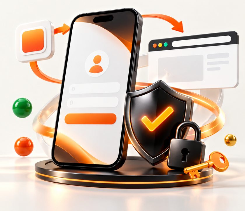 Smartphone sign-in screen with a security shield, padlock and key – moving from an in-app shortcut to the official website